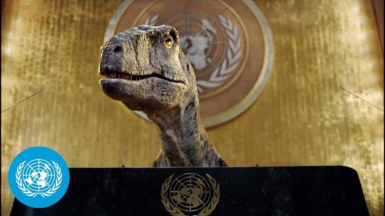 COP26: Un T Rex sul podio dell’Assemblea Generale, “non scegliete l’estinzione”